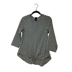 Tie-Front Top 3/4 Sleeve Black White Checkered Blouse Size  L‎